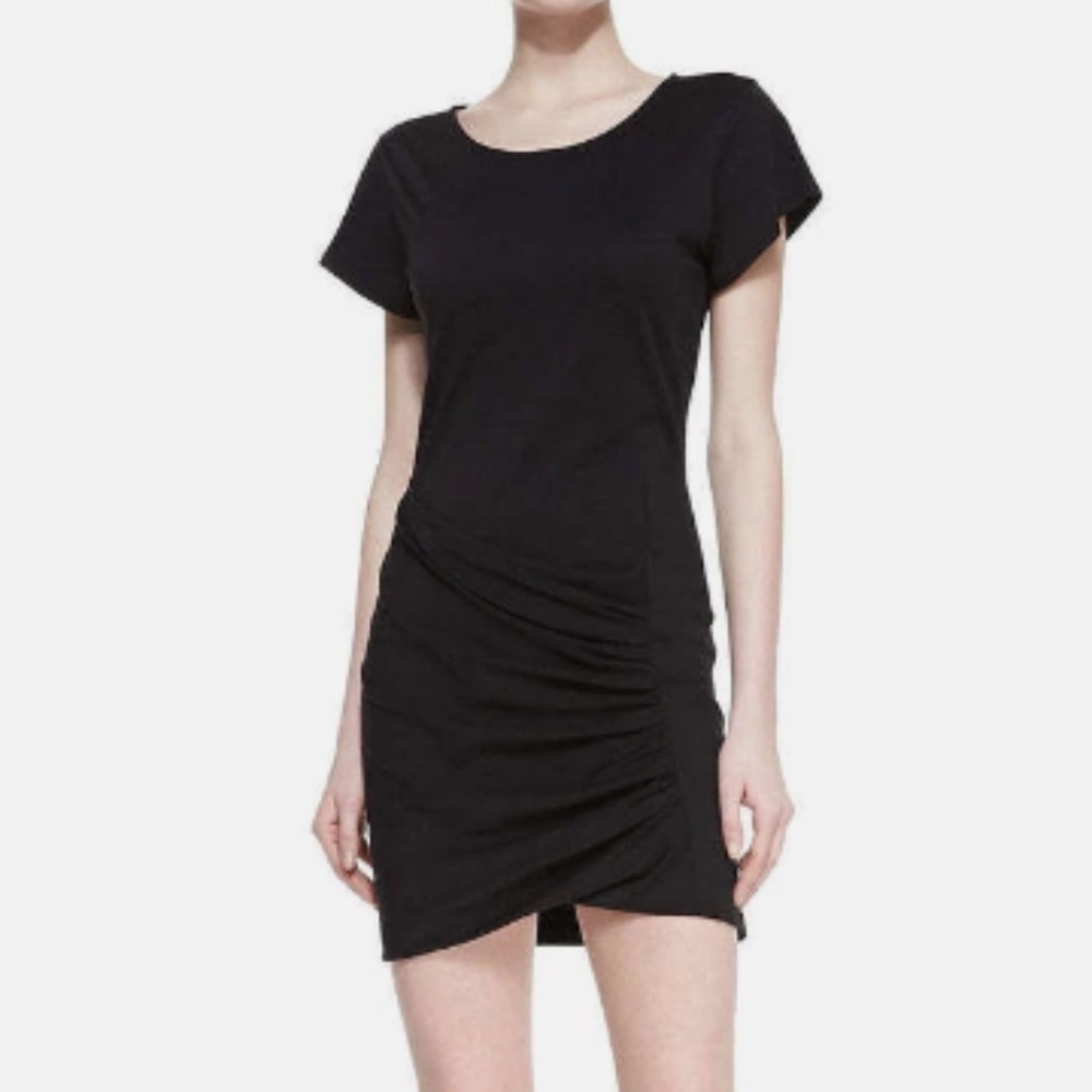 Theory Black Cotton Jersey Knit Short Sleeve Ruched Sheath Dress Size S